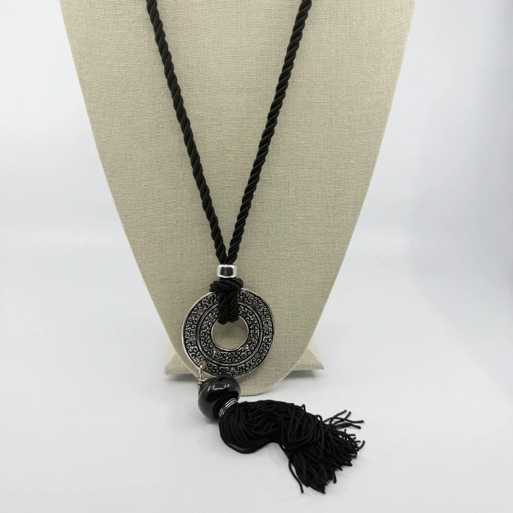 Necklace Vintage Black Cord Tassel Silver Tone Rhinestone Circle Pendant Boho